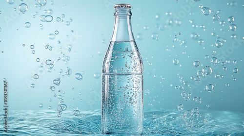 Sparkling Clear Water Bottle Surrounded by Bubbles in a Fresh Blue Background, Perfect for Refreshment and Hydration Concepts photo