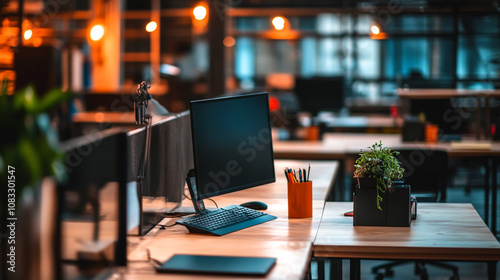 Modern office workspace with multiple desks, computers, and plants during evening hours