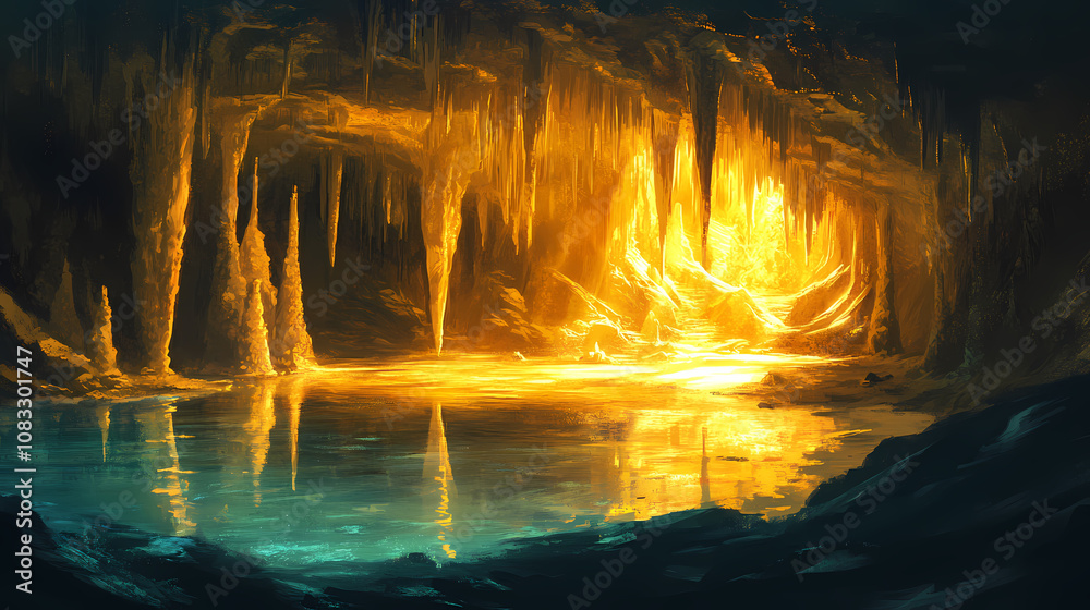 Obraz premium A stunning underground cave with shimmering stalactites and stalagmites, illuminated by soft golden light reflecting off a calm subterranean lake. Subterranean. Illustration