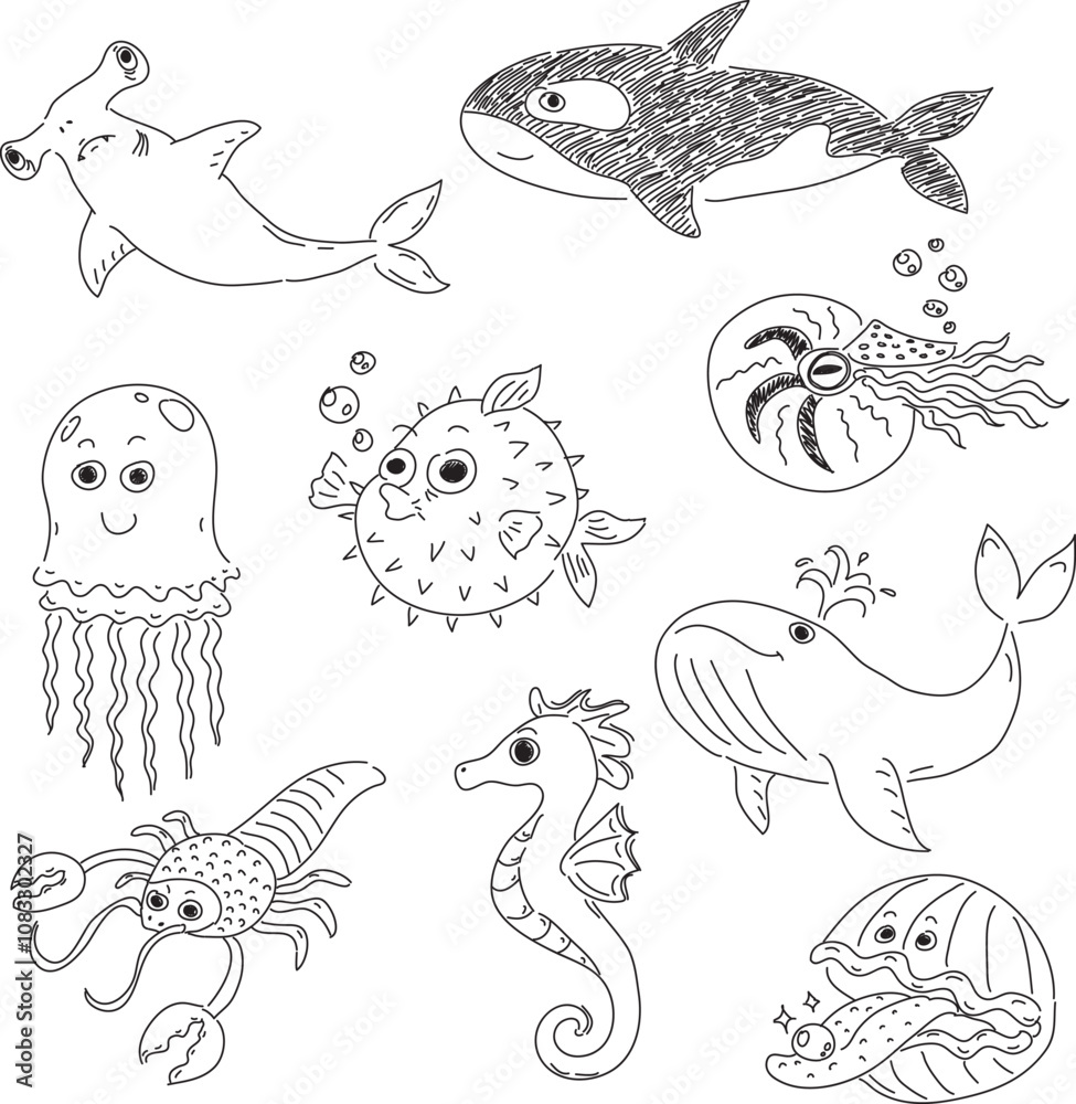 Fototapeta premium sea creatures drawn with black pen hammerhead shark, killer whale, jellyfish, puffer fish, nautilus, lobster, seahorse, whale, shell with pearl set