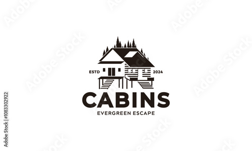 Evergreen Escape Cabins: A Black and White Logo Featuring Two Rustic Cabins in a Forest Setting.