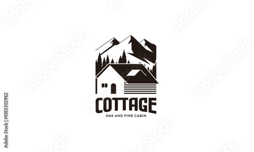 Mountain Cabin Cottage Logo: Oak and Pine Cabin nestled in a forest with mountains.