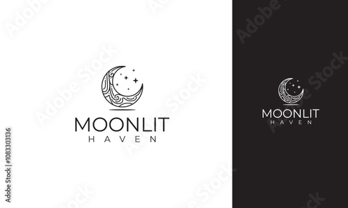 Moonlit Haven Logo: Ornate Crescent Moon with Stars, Elegant Design