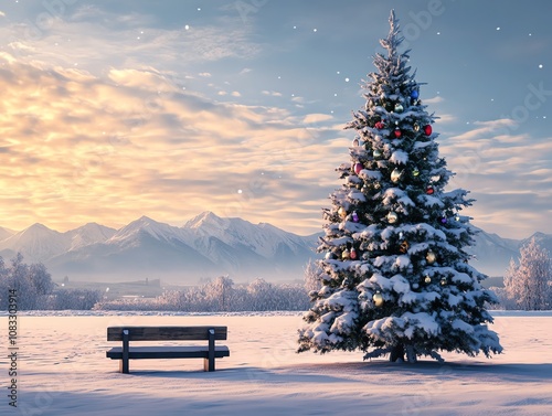 Festive winter scene with decorated Christmas tree.