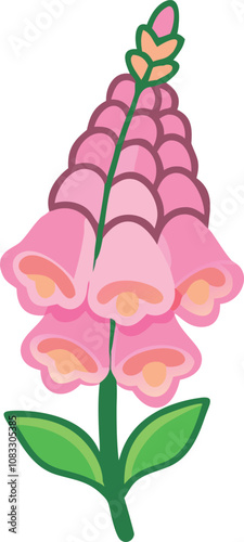 Pink Foxglove Flower Vector Illustration, A vibrant vector illustration of a pink foxglove flower with bell-shaped blooms, a green stem, and leaves in a flat design style.  
