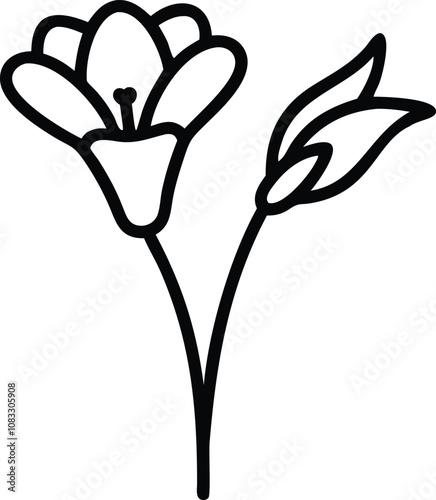 Minimalist Two-Flower Outline Vector, A simple black and white vector illustration of two flowers with long petals and a single leaf, drawn in a clean outline style.  
