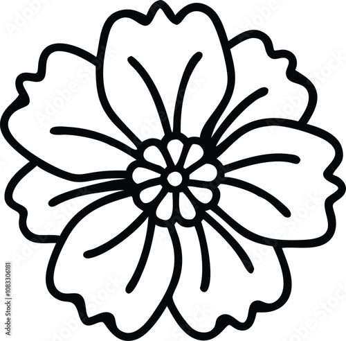 Floral Outline with Detailed Petals Vector, A black and white vector illustration of a flower with detailed petals and a symmetrical center, designed in a clean outline style.  
