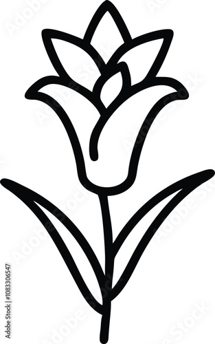 Minimalist Floral Outline Vector Design, A simple black and white vector illustration of a stylized flower with layered petals and leaves, drawn in a clean outline style.  
