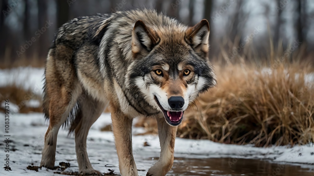 Fototapeta premium A wolf with a fierce expression walks toward the camera with its mouth slightly open.