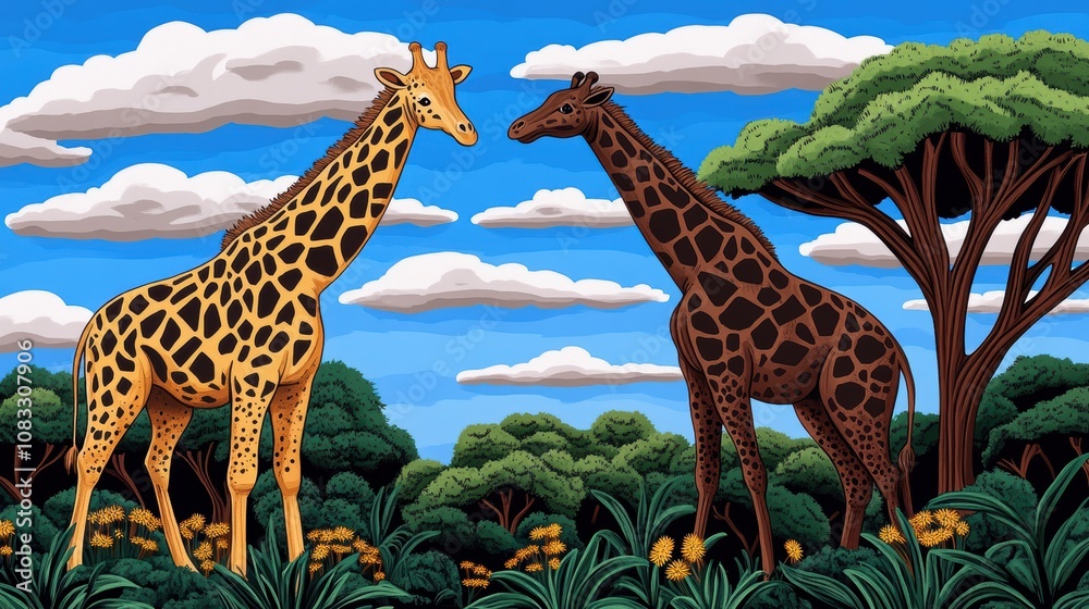 Obraz premium Two Giraffes in African Savanna Landscape Wildlife Art Nature Illustration