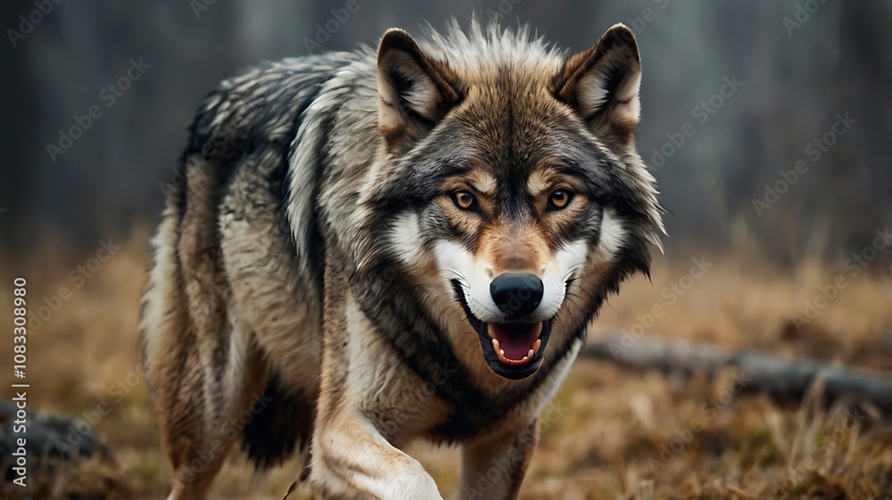 Fototapeta premium A wolf with a fierce expression walks toward the camera with its mouth slightly open.