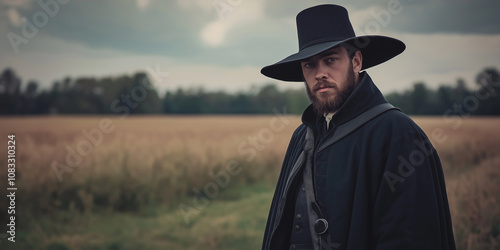 Puritan minister wearing black clothes and hat standing in a field
