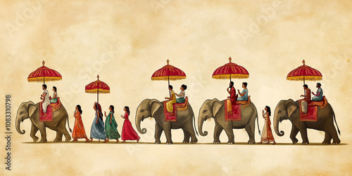 Indian wedding procession with decorated elephants and traditional umbrellas