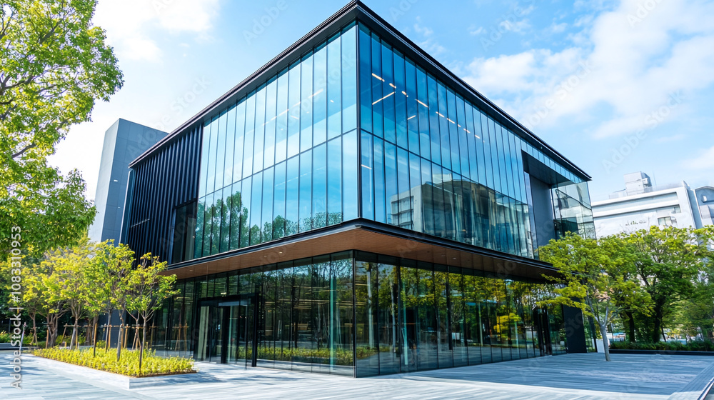 Obraz premium Modern glass building surrounded by greenery on a sunny day in an urban setting