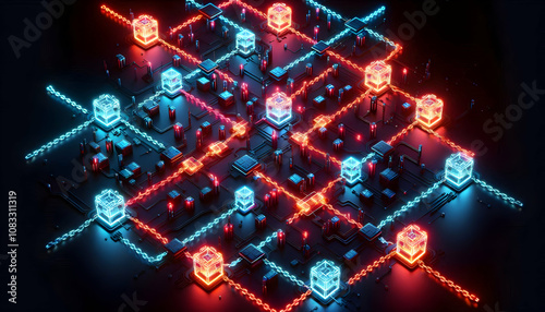 A top-down view of a neon blockchain network with red and blue chains linking nodes on a black back2