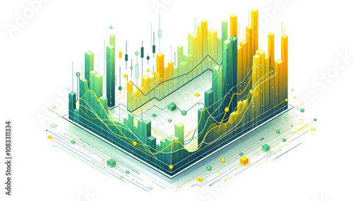 A vector financial line graph in shades of green and yellow on a white background, illustrating mar2