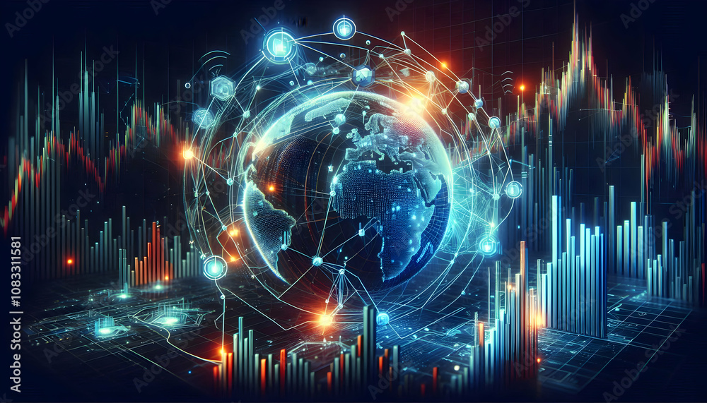 Fototapeta premium A stylized 3D forex market graph with interconnected nodes and lines, showing global data flow in a3