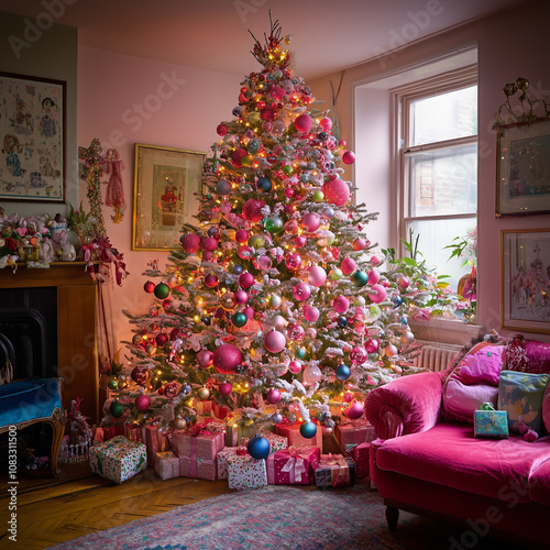 Cozy Living Room with Pink and Blue Christmas Tree Decor - Festive Holiday Scene