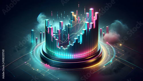 A sleek 3D forex chart with alternating bars in turquoise, pink, and yellow, set against a smoky, h1