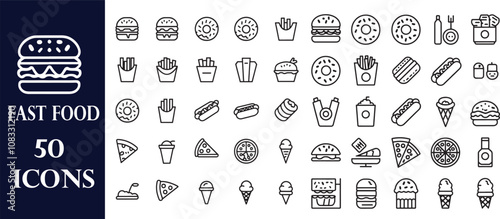 "Fast Food Web Icon Set: Burger, Donut, French Fries, Hot Dog, Kebab, Pizza, and Ice Cream Vector Illustrations with Editable Strokes