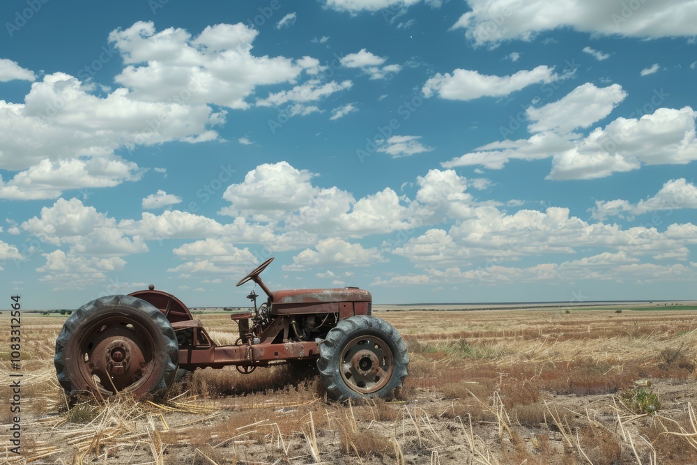 Obraz premium Abandoned Broken Tractor Left in a Field Under a Cloudy Sky with Dry Grass and Open Space in the Background Highlighting Nature's Serenity