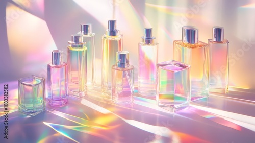 Elegant Arrangement of Colorful Perfume Bottles with Reflections and Prismatic Light Effects on a Soft Background for Creative Design Use