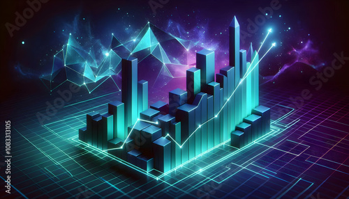 A glowing, angular 3D line chart in shades of teal and cyan against a cosmic, dark purple backgroun1