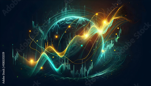 A dynamic stock market investment chart with neon yellow and teal lines on a dark background, illus2