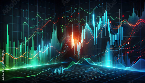 A dynamic neon trading graph with green, blue, and red line charts on a dark gray background, showi4