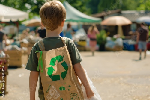 Young Child Carrying a Recyclable Paper Bag at a Market, Promoting Eco-Friendly Practices and Sustainability in Everyday Life photo