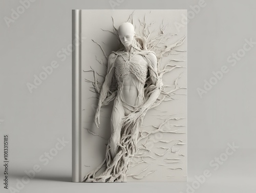 A white 3D rendered image of a human figure trapped in a tree. photo