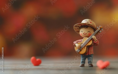 A small boy is holding a guitar and standing in front of two hearts photo