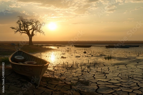 Breathtaking Sunset Over a Once Thriving Lake with Boats and a Lonely Tree in a Panoramic Landscape Displaying Nature's Serenity and Beauty photo