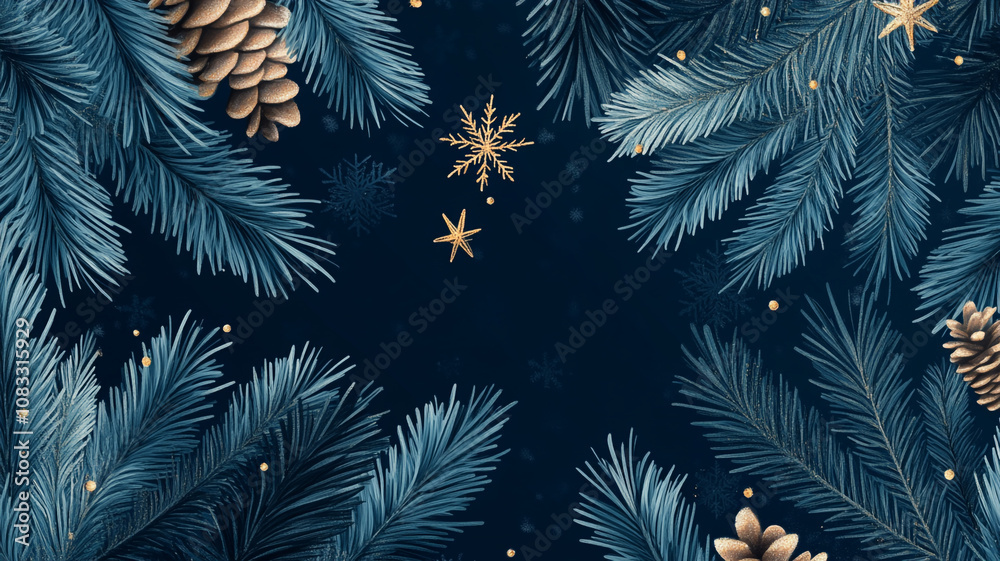 Naklejka premium Festive winter background featuring pine branches, cones, and snowflakes in a dark setting