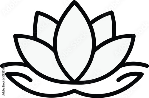 Minimalist lotus flower line art icon, Simple black line drawing of a lotus flower with layered petals, designed in a clean, modern, and minimalist style.
