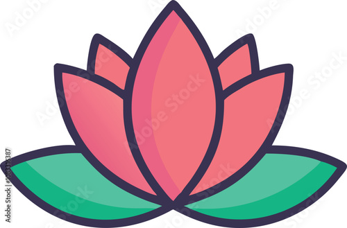 Pink lotus flower with green leaves, Vector illustration of a stylized pink lotus flower with layered petals and two green leaves, outlined in dark blue for a modern and vibrant look.
