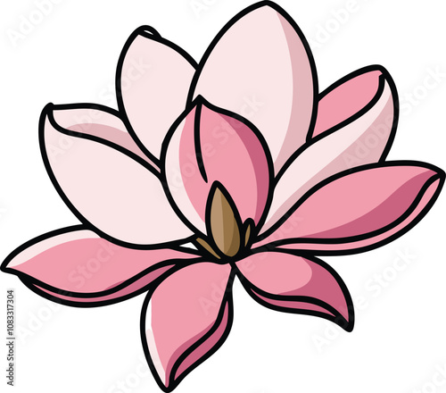 Pink lotus flower with layered petals, Stylized vector illustration of a pink lotus flower with multiple layered petals and a dark center, showcasing a vibrant and elegant design.
