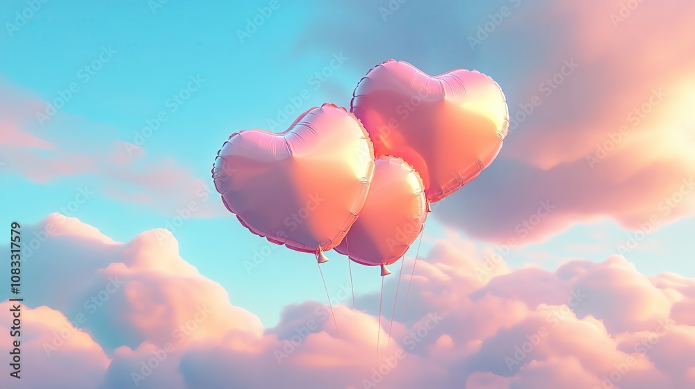 Fototapeta premium pink heart balloons floating in the sky Three heart-shaped balloons in the sky.