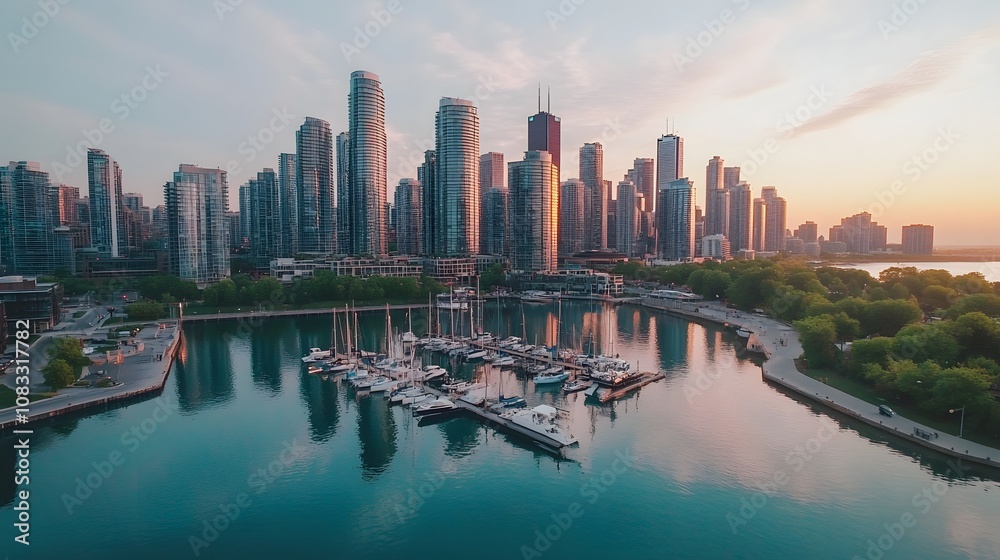 Obraz premium 14. A bird eye shot of a city is waterfront with docks, boats, and modern skyscrapers reflecting on the water