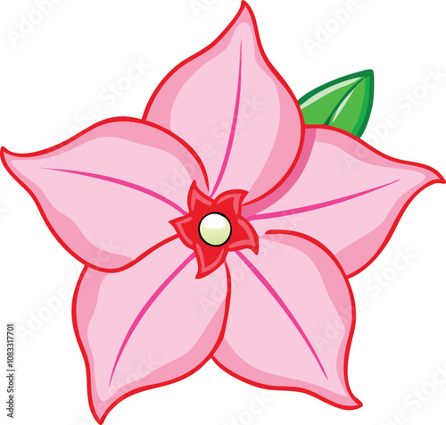 Pink star-shaped flower with green leaf, Stylized vector illustration of a pink flower with five pointed petals, a small red accent in the center, and a single green leaf, showcasing a delicate design