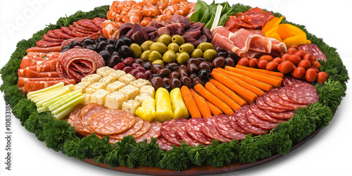 Wallpaper Mural Large charcuterie board presenting various meats, cheeses, vegetables, olives and shrimp Torontodigital.ca