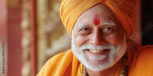 Portrait of smiling indian sadhu wearing orange turban photo