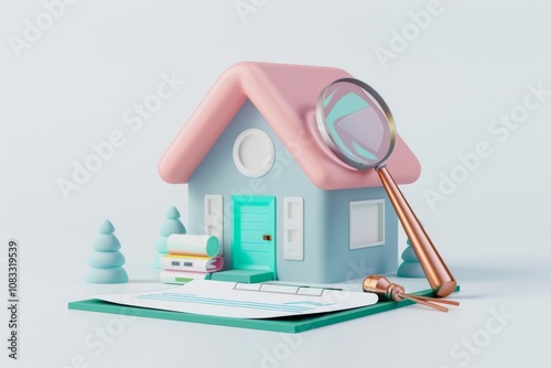 Cute Minimalist 3D Illustration of a House with a Magnifying Glass and Architectural Plans, Featuring Soft Colors and Simplistic Design Elements