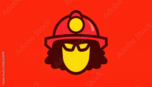 Firefighter helmet logo on bright red background, bold graphic design photo