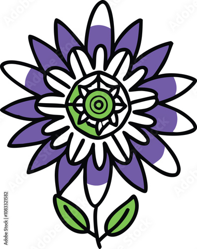 Purple and white flower with intricate center, Vector illustration of a stylized flower with layered purple and white petals, a detailed green center, and two small leaves, featuring a vibrant and int