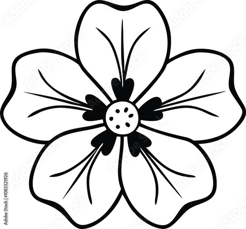 Simple line art flower with detailed petals, Black and white line drawing of a flower with five detailed petals and a central circular stamen, featuring a clean and classic design.
