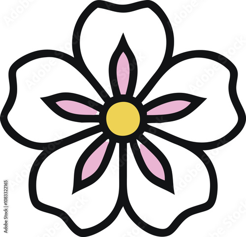 Simple flower illustration with pink accents and yellow center, Vector illustration of a five-petal flower with a yellow center, pink inner details, and a black outline, showcasing a clean and vibrant