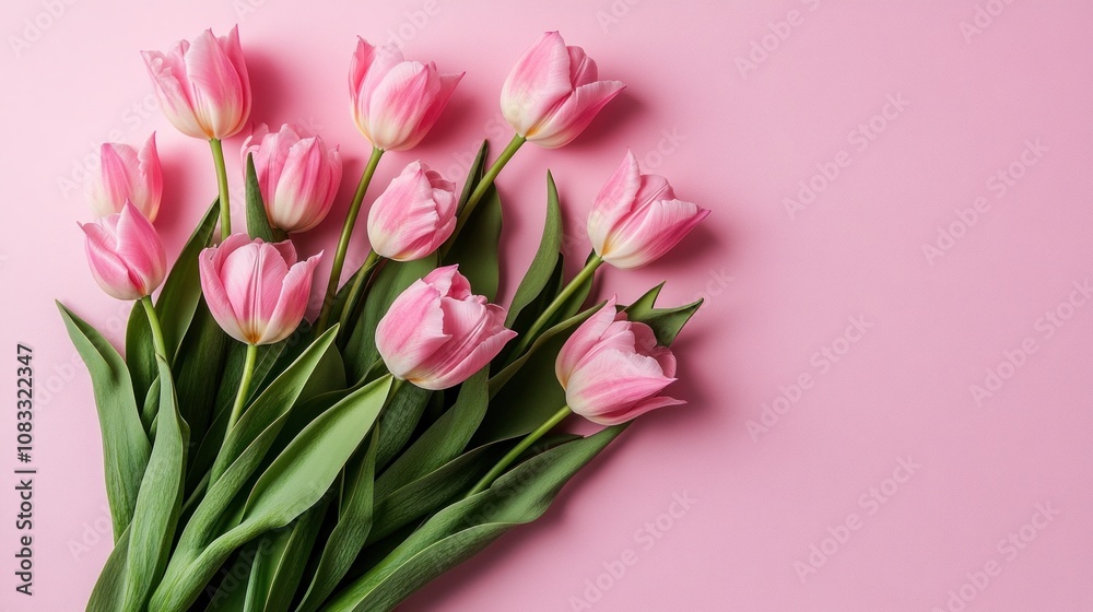 Fototapeta premium Pink tulips on pastel pink background, suitable for spring celebrations