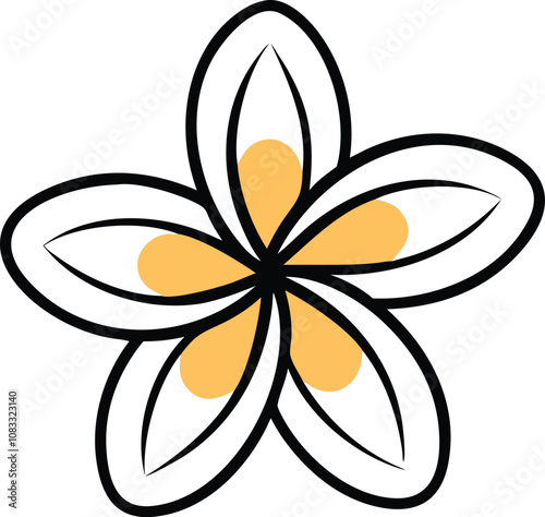 Plumeria flower vector with yellow accents, Vector illustration of a stylized plumeria flower with five white petals outlined in black and yellow accents at the center, featuring a clean and modern de
