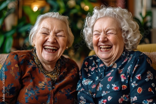Joyful Senior Women Sharing Laughter and Happy Memories Together in a Cozy Living Room Surrounded by Greenery and Soft Lighting